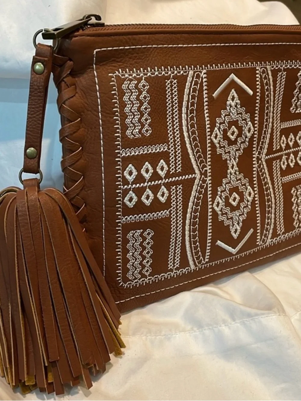 Women's Brown Embroidered Tassel Clutch - Brand